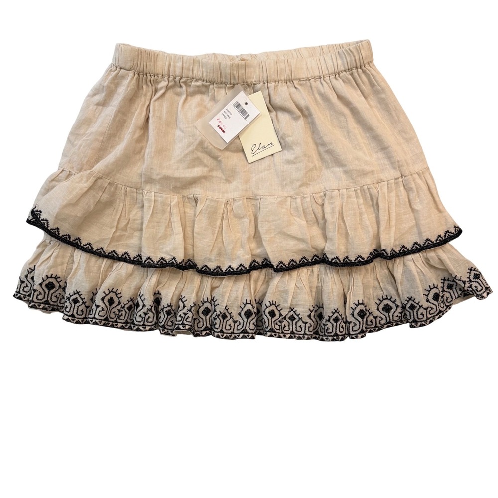 Elan Natural Beige Embroidered Ruffle Tiered Boho Coquette Mini Skirt Large NWT